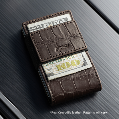 PROOF Wallet | The Cyprus | Brown Full Grain Crocodile Leather & Antique Bronze Gunmetal