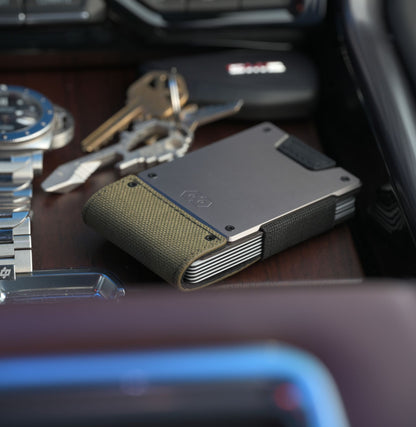 PROOF Wallet | The Operator | Olive Drab Ballistic Nylon & Black Full Grain Leather with Satin Gunmetal