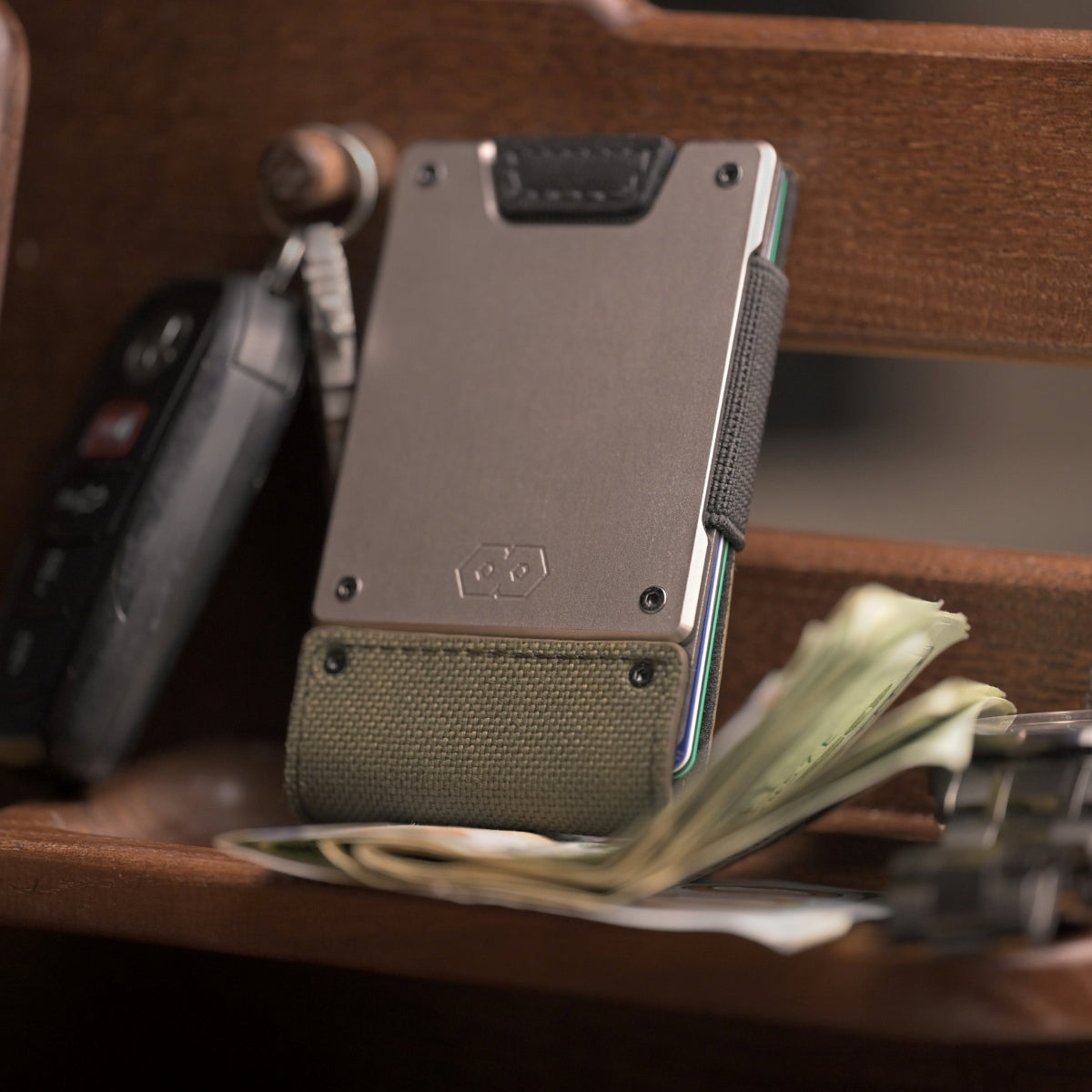 PROOF Wallet | The Operator | Olive Drab Ballistic Nylon & Black Full Grain Leather with Satin Gunmetal